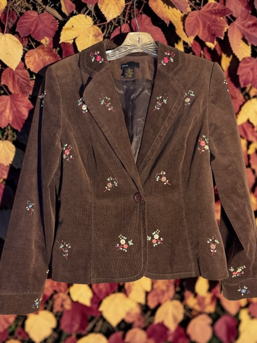 Grace Elements Vintage Style Choc Brown Blazer w/Embroidered Floral Accents Sz 6
